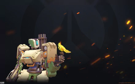 HD PC wallpaper of Bastion (Overwatch) — the video game robot with its yellow bird perched on its hand against a dark backdrop featuring the Overwatch logo and glowing sparks.