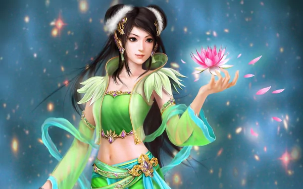 A fantasy-themed HD desktop wallpaper featuring an Oriental woman from Jade Dynasty holding a glowing pink water lily surrounded by ethereal light and floating petals.