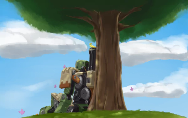 Bastion from Overwatch rests against a tree under a bright sky, surrounded by fluffy clouds and colorful petals, showcasing a serene moment in this HD PC desktop wallpaper.