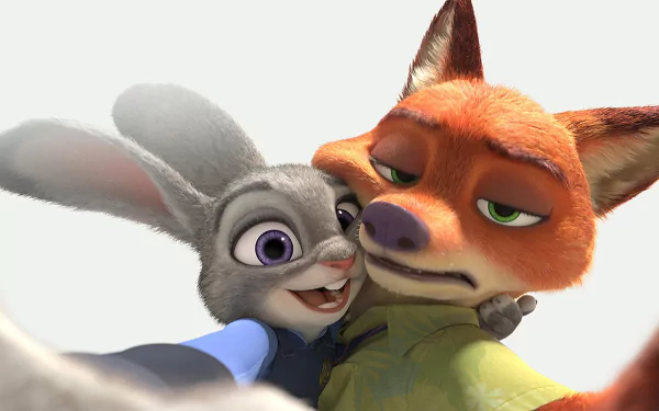 A vibrant HD wallpaper featuring Nick Wilde and Judy Hopps, popular characters from the movie Zootopia, captured in a playful selfie moment.