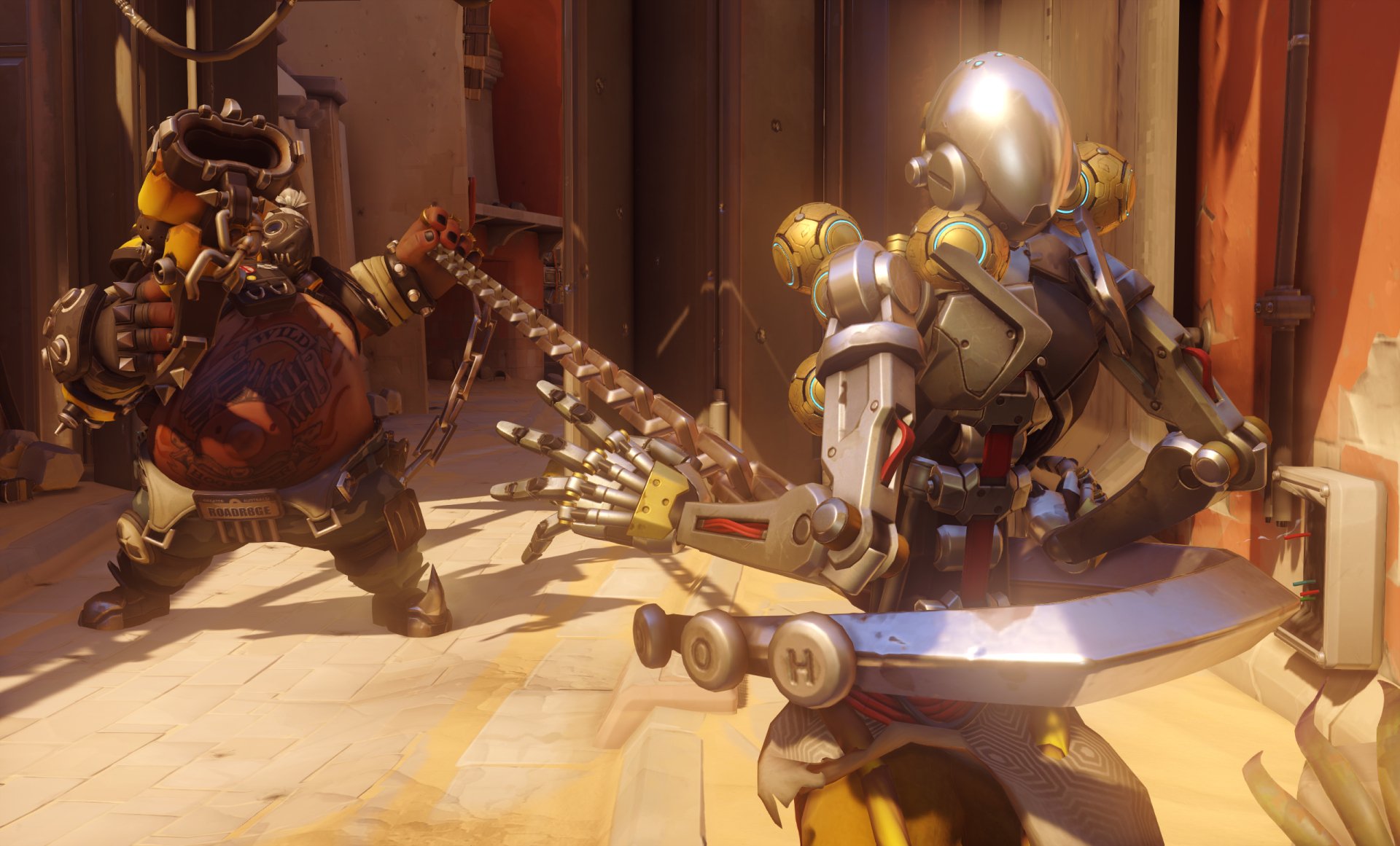 HD PC desktop wallpaper featuring Overwatch characters Zenyatta and Roadhog in a dynamic street battle scene.