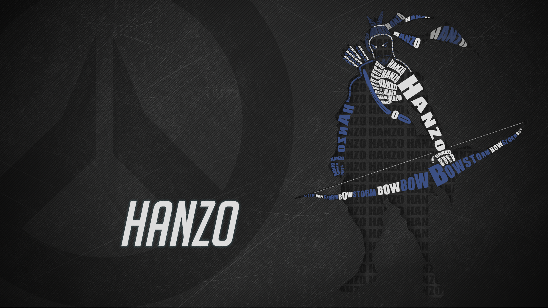 4K Ultra HD PC desktop wallpaper of Hanzo from the video game Overwatch: dark textured background, word-art silhouette with bow, 'HANZO' title at left.