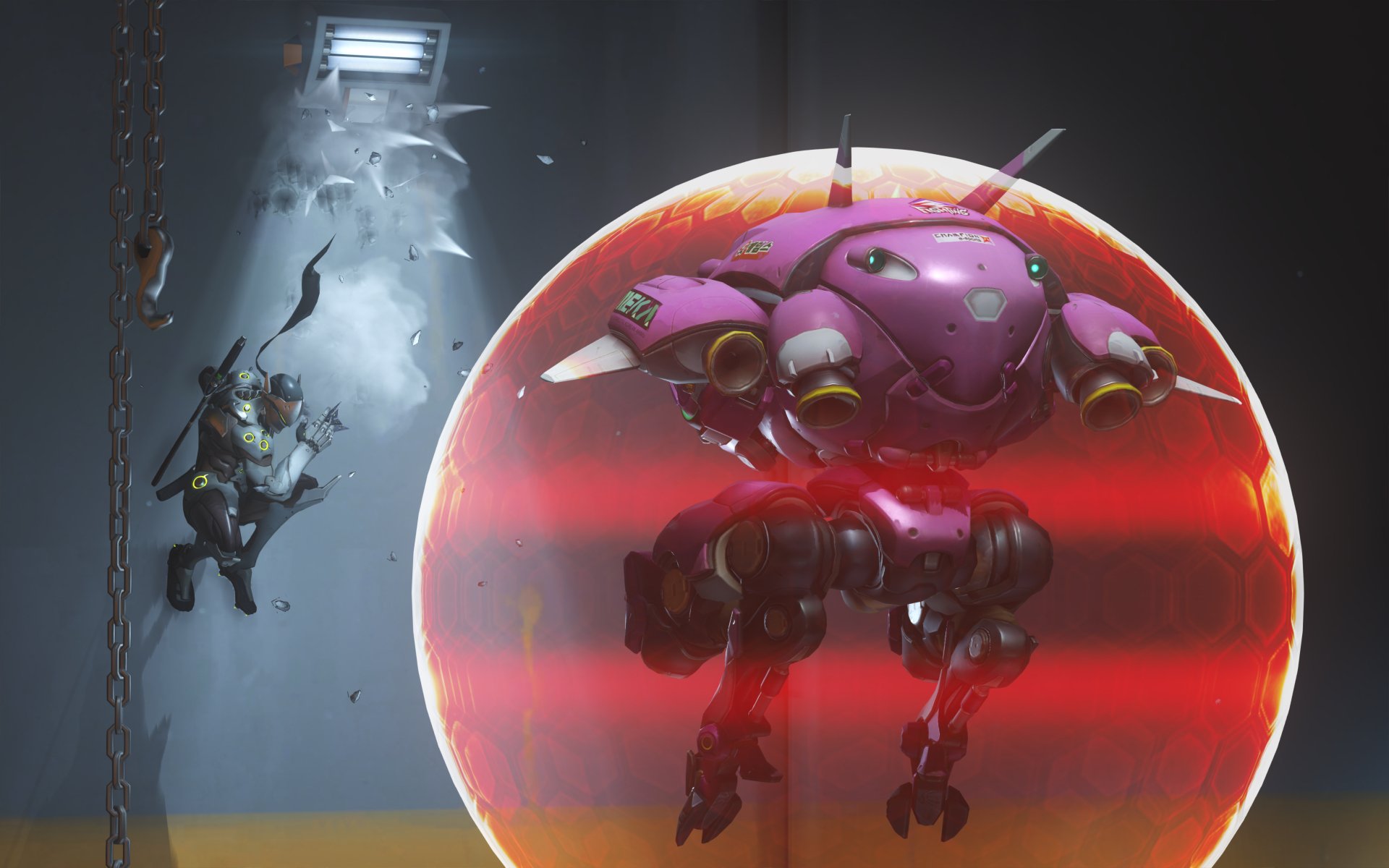 A dynamic scene featuring Genji and D.Va from Overwatch, showcasing vibrant colors and action, designed as a stunning 4K Ultra HD PC desktop wallpaper and background.