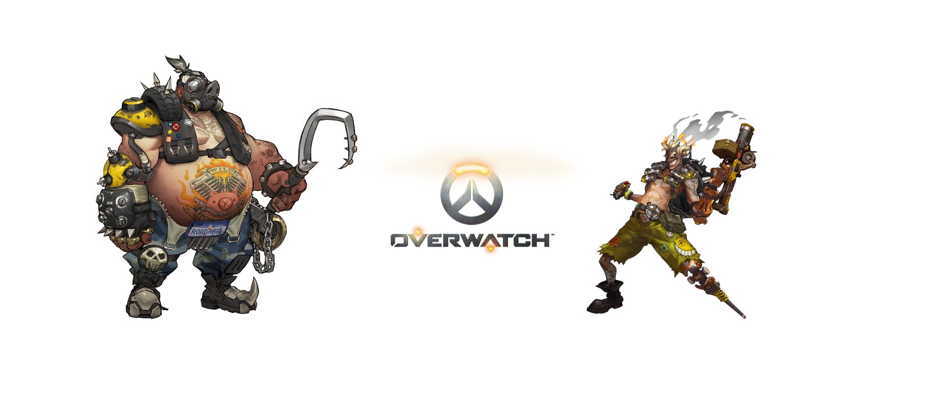 2K Quad HD PC desktop wallpaper: Overwatch logo centered, Roadhog on the left and Junkrat on the right as stylized video game characters.