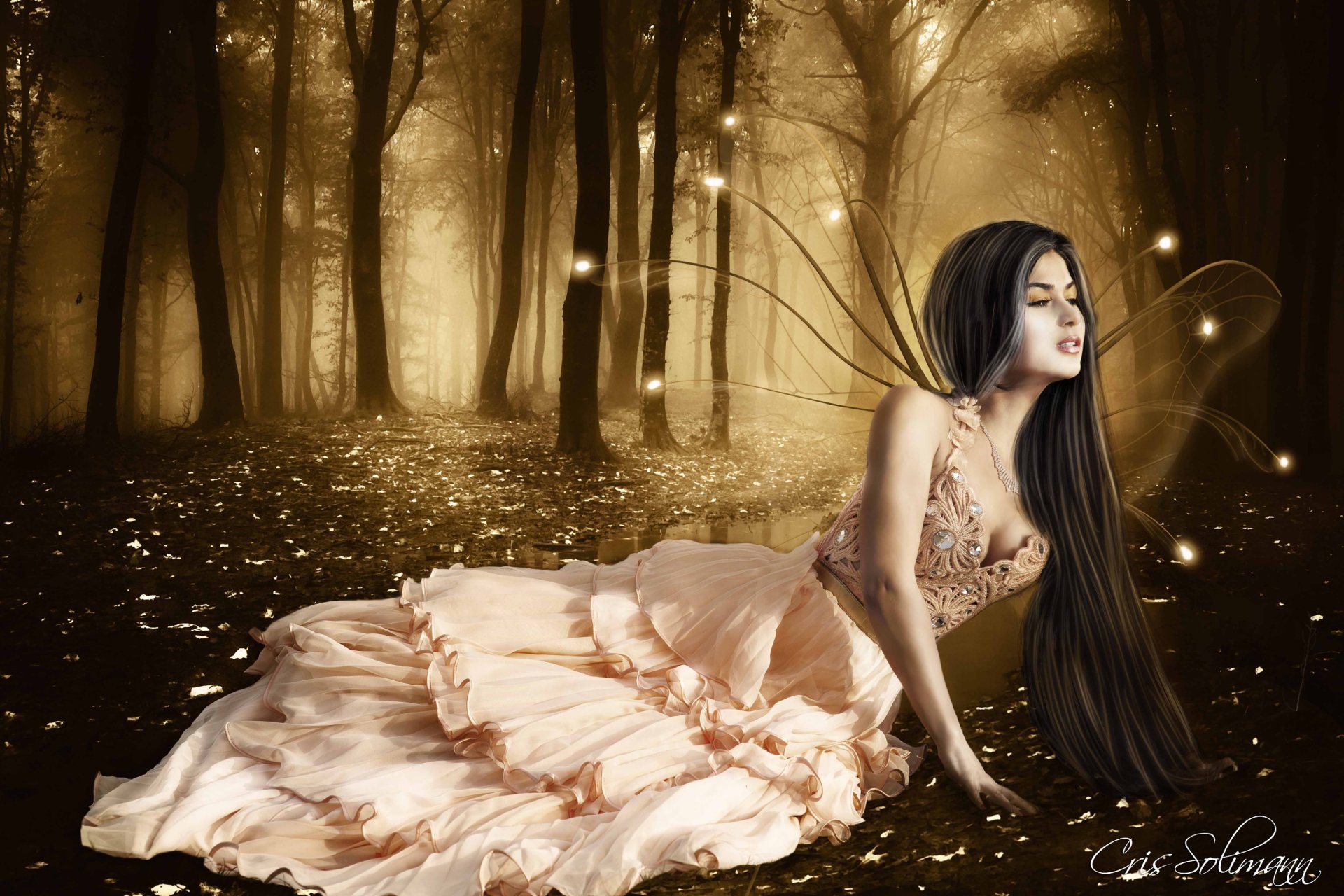 HD fantasy PC desktop wallpaper featuring a serene fairy with long dark hair and a flowing gown, glowing softly in an enchanted forest at twilight.