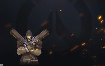 HD PC desktop wallpaper featuring Reaper from the video game Overwatch, showcasing his signature dual shotguns against a dark, fiery background.