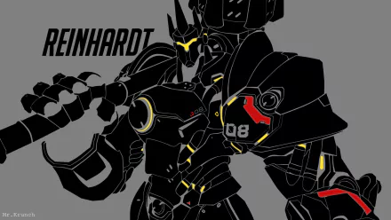 A striking HD desktop wallpaper featuring Reinhardt from Overwatch, showcasing his imposing armor and iconic hammer against a sleek gray background.