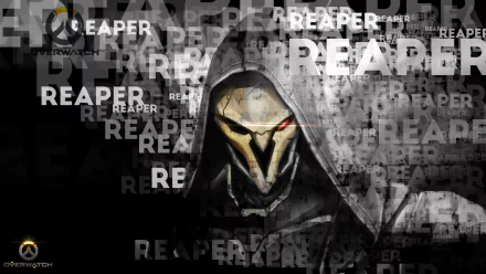 A striking HD wallpaper featuring Reaper from Overwatch, showcasing the character's menacing presence against a backdrop of stylized text repeating his name.