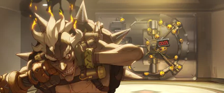 HD desktop wallpaper featuring Junkrat from the video game Overwatch, grinning mischievously with a large vault showcasing numerous explosives and a countdown timer in the background.