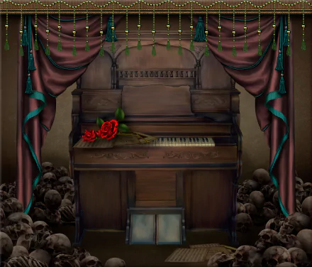 Dark gothic HD PC desktop wallpaper background: antique wooden piano framed by heavy curtains, a red rose on its keys amid a scattering of skulls.