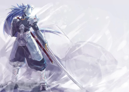 HD PC desktop wallpaper featuring Hakumen from BlazBlue in an anime-style artwork, showcasing the character with his sword against a light, abstract background.