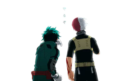 HD desktop wallpaper featuring Izuku Midoriya and Shoto Todoroki from the anime My Hero Academia. The characters are seen from the back in a heroic stance with Japanese text above them.