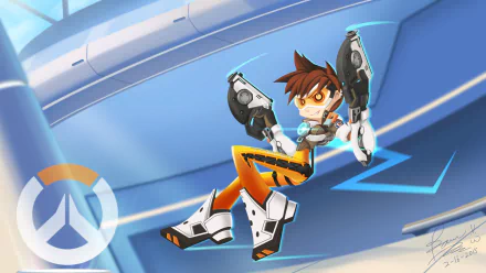 HD desktop wallpaper featuring Tracer from Overwatch, captured mid-action in vibrant colors with dynamic motion against a futuristic background.