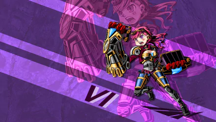 HD PC desktop wallpaper featuring VI, a character from the video game League of Legends, depicted in a dynamic pose with a purple geometric background.