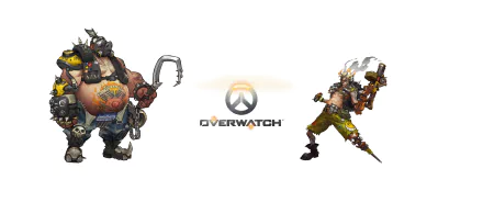 2K Quad HD PC desktop wallpaper: Overwatch logo centered, Roadhog on the left and Junkrat on the right as stylized video game characters.