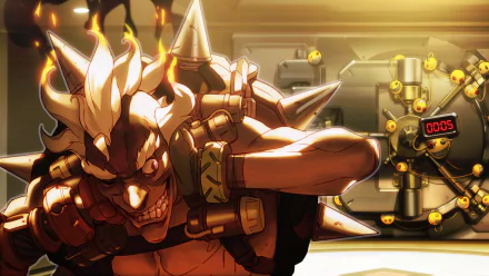 HD PC desktop wallpaper featuring Junkrat from Overwatch in a dynamic pose with explosive devices in the background, showcasing the video game's intense style.
