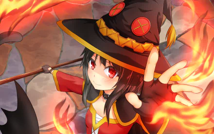 HD desktop wallpaper featuring Megumin from the anime KonoSuba - God's Blessing on This Wonderful World!!, wielding a staff and surrounded by flames.