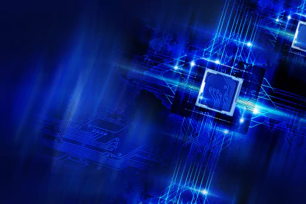 A dynamic HD PC desktop wallpaper featuring intricate blue circuit patterns and a prominent microchip design, embodying the essence of modern technology.