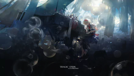 A mesmerizing HD wallpaper featuring Alice Margatroid from the anime Touhou, set against a backdrop of enchanting bubbles and ethereal light, evoking a sense of mystery and emotion.
