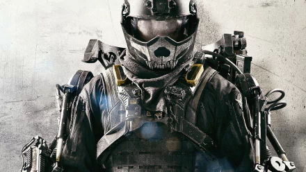 HD PC desktop wallpaper and background: helmeted soldier in a heavy exosuit from the movie Edge Of Tomorrow, close-up of mechanical combat gear against a worn, textured backdrop.