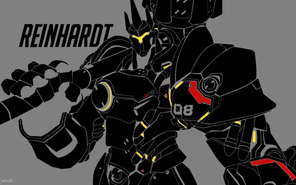 A striking HD desktop wallpaper featuring Reinhardt from Overwatch, showcasing his imposing armor and iconic hammer against a sleek gray background.