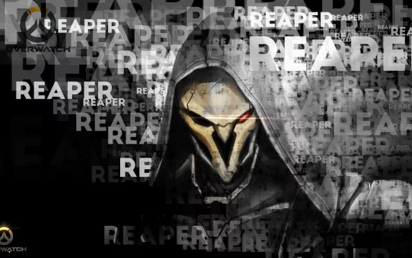 A striking HD wallpaper featuring Reaper from Overwatch, showcasing the character's menacing presence against a backdrop of stylized text repeating his name.