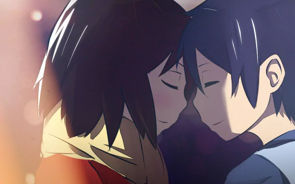 A heartfelt moment between Satoru Fujinuma and Kayo Hinazuki from the anime Erased, captured in a colorful HD desktop wallpaper, evoking themes of connection and nostalgia.