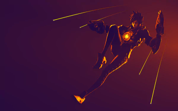 HD wallpaper featuring Tracer from Overwatch, showcasing the character in action with dynamic lines and vibrant colors, set against a striking background.
