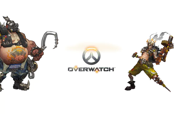2K Quad HD PC desktop wallpaper: Overwatch logo centered, Roadhog on the left and Junkrat on the right as stylized video game characters.