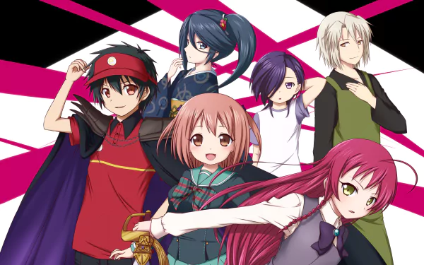 A vibrant HD wallpaper featuring characters from Hataraku Maou-sama! including Sadao Maou, Emi Yusa, Chiho Sasaki, and others, set against a dynamic pink and black background.