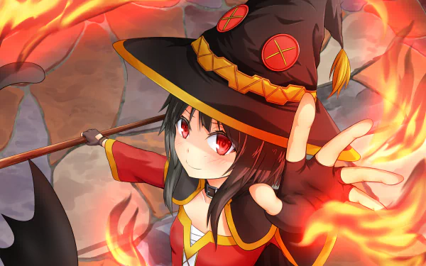HD desktop wallpaper featuring Megumin from the anime KonoSuba - God's Blessing on This Wonderful World!!, wielding a staff and surrounded by flames.