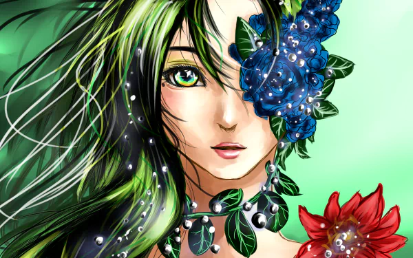 green hair green eyes sparkles leaf flower fantasy fairy HD Desktop Wallpaper | Background Image