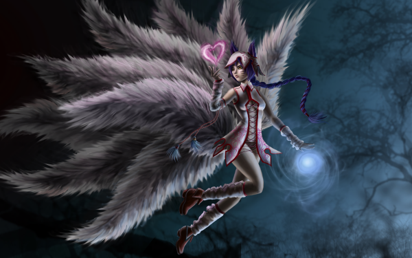 Video Game League Of Legends Fantasy Heart Feather Ahri HD Wallpaper | Background Image
