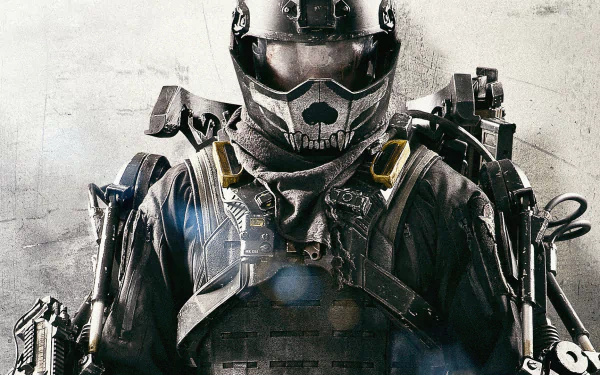 HD PC desktop wallpaper and background: helmeted soldier in a heavy exosuit from the movie Edge Of Tomorrow, close-up of mechanical combat gear against a worn, textured backdrop.