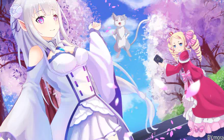 A vibrant HD wallpaper featuring Pack, Beatrice, and Emilia from Re:Zero - Starting Life in Another World, set against a colorful background of blooming cherry blossoms.