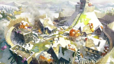 HD wallpaper featuring a vibrant watercolor depiction of a snowy village scene from the video game I Am Setsuna.