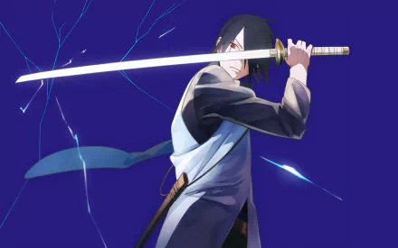 Sasuke Uchiha from the anime Boruto stands confidently with a sword against a vibrant blue backdrop, showcasing dynamic energy and strength in this HD desktop wallpaper.