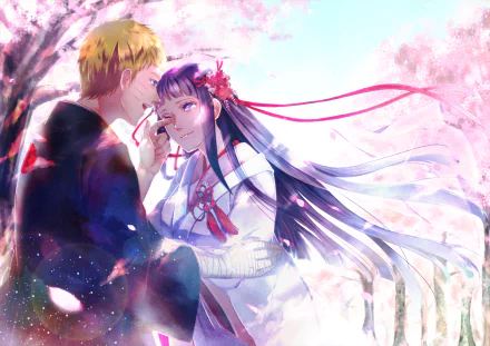 A beautiful HD desktop wallpaper featuring Naruto Uzumaki and Hinata Hyuga from the anime Naruto, sharing a romantic moment under cherry blossom trees.
