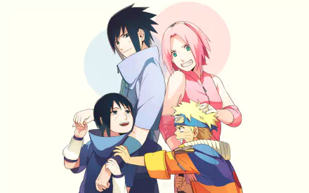 Four iconic characters from Naruto—Itachi Uchiha, Sasuke Uchiha, Sakura Haruno, and Naruto Uzumaki—smile together in this vibrant HD anime wallpaper.