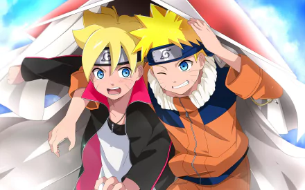 HD desktop wallpaper featuring Boruto Uzumaki and Naruto Uzumaki from the anime Boruto, with bright blonde hair and blue eyes, showcasing a cute and energetic moment between the characters.