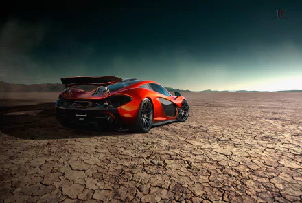 HD desktop wallpaper featuring an orange McLaren P1 supercar parked on a vast, cracked desert landscape under a moody sky.
