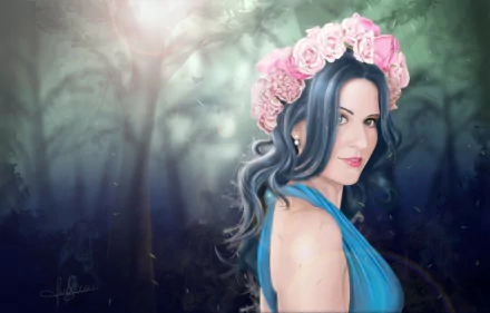 wreath pink flower blue hair blue eyes fantasy woman HD Desktop Wallpaper | Background Image