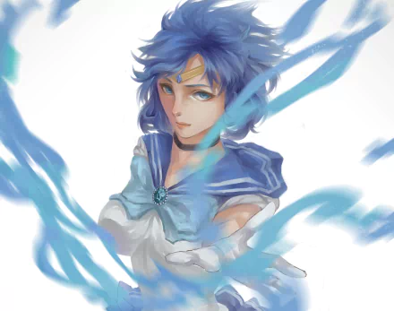 A vibrant HD wallpaper featuring Sailor Mercury from Sailor Moon, showcasing her blue hair and eyes, dressed in her school uniform, surrounded by flowing blue elements.