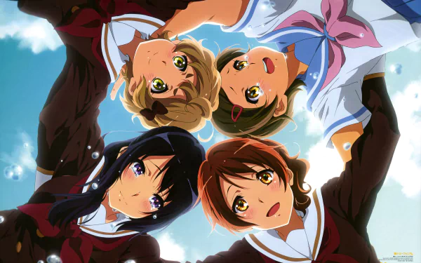 An 8K Ultra HD wallpaper featuring Sapphire Kawashima, Kumiko Oumae, Reina Kousaka, and Hazuki Katou from the anime Sound! Euphonium in a circular group pose.