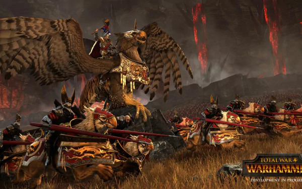 HD wallpaper of Total War: Warhammer featuring a warrior on a giant eagle leading a cavalry of wolf riders into battle.