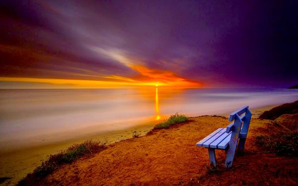 Man Made Bench Coast Coastline Sunset Ocean Horizon HD Wallpaper | Background Image