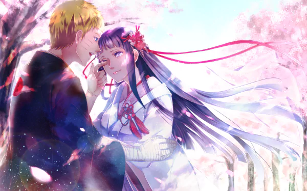 A beautiful HD desktop wallpaper featuring Naruto Uzumaki and Hinata Hyuga from the anime Naruto, sharing a romantic moment under cherry blossom trees.