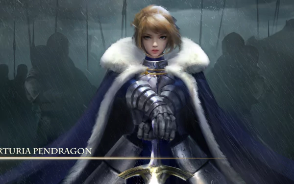 An HD desktop wallpaper featuring Artoria Pendragon, the Saber from the Fate series, exuding strength in a dramatic, atmospheric background.