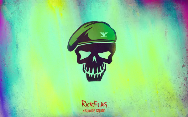 A vibrant HD desktop wallpaper featuring a skull design with a beret, representing Rick Flag from the movie Suicide Squad. Bright colors add a dynamic background.