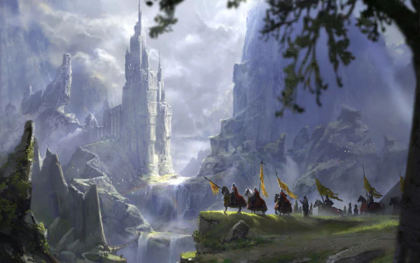 A fantasy landscape featuring a majestic waterfall, a towering castle, and a group of warriors. This HD wallpaper captures the essence of adventure and valor in a stunning setting.